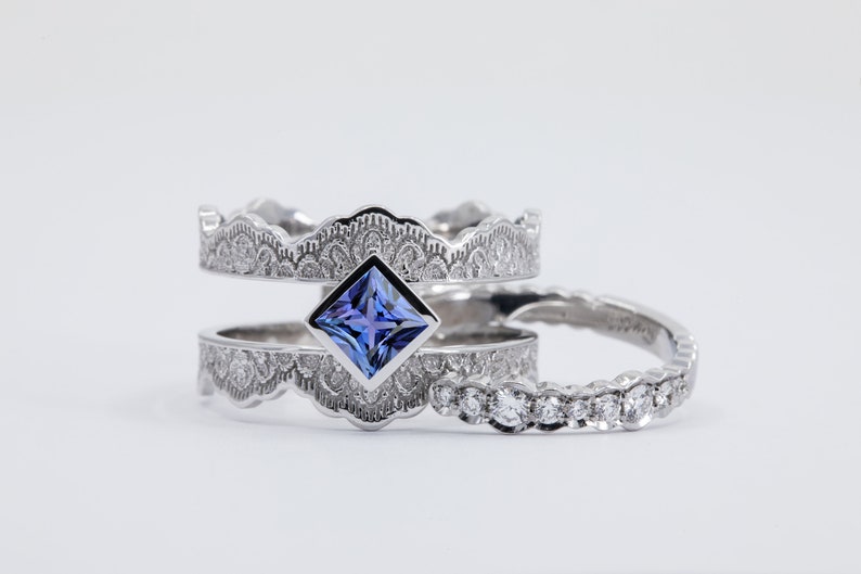 Princess Sapphire Engagement Ring, Gold Bridal Ring Set, Unique Bridal Set, Double Band Engagement Ring,Sapphire and Diamond Engagement Ring image 3