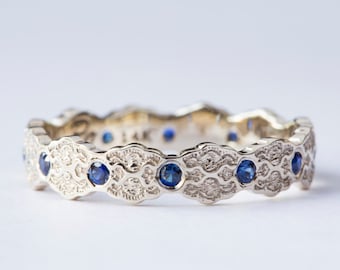 Blue Sapphire Wedding Band, White Gold Wedding Ring, Sapphire Wedding Ring, White Gold Wedding Band,White Gold Wedding Ring, Art Deco Ring