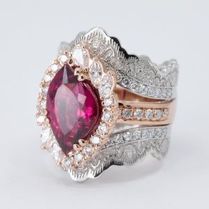 4.28ct Rubellite Tourmaline Ring, Diamond Halo Ring, Cocktail Ring, Rubellite Statement Ring, Unique Engagement Ring, Diamond Ring Guard image 2