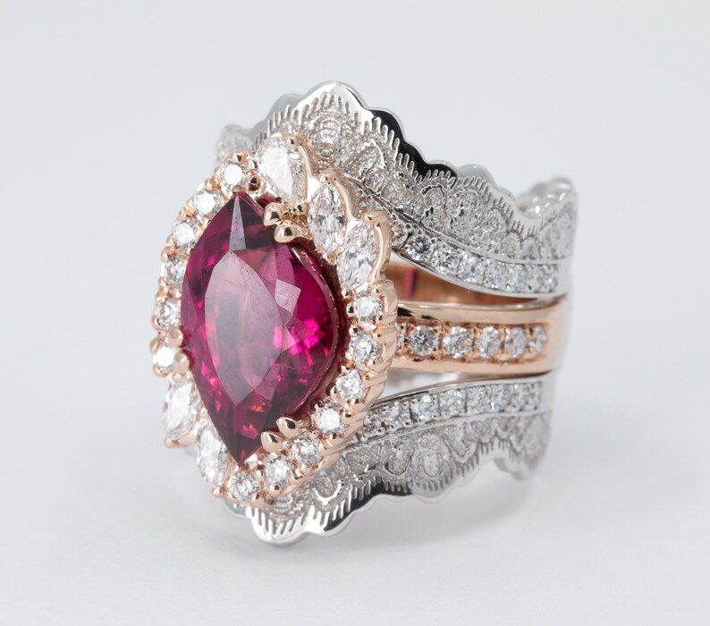 4.28ct Rubellite Tourmaline Ring, Diamond Halo Ring, Cocktail Ring, Rubellite Statement Ring, Unique Engagement Ring, Diamond Ring Guard image 2