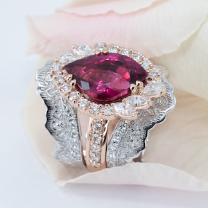 4.28ct Rubellite Tourmaline Ring, Diamond Halo Ring, Cocktail Ring, Rubellite Statement Ring, Unique Engagement Ring, Diamond Ring Guard image 3