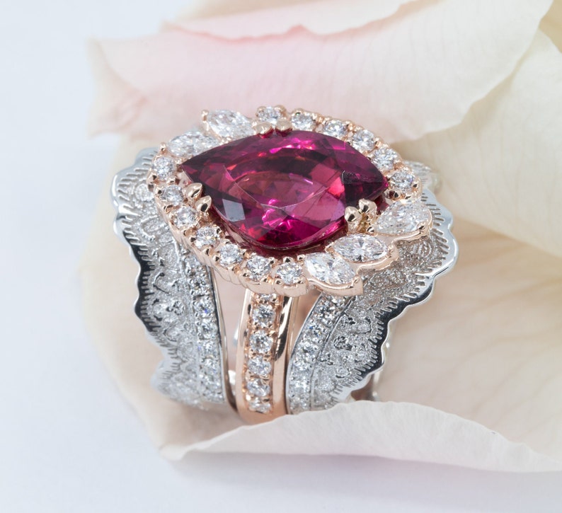 4.28ct Rubellite Tourmaline Ring, Diamond Halo Ring, Cocktail Ring, Rubellite Statement Ring, Unique Engagement Ring, Diamond Ring Guard image 3