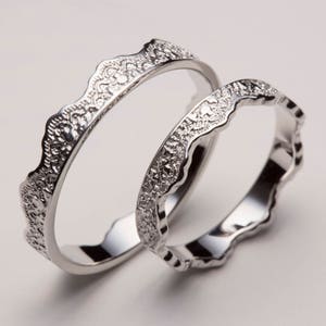 Hers and Hers Wedding Bands, Lace Crown Ring Set, Lesbian Wedding Ring Set, White Gold Ring Set