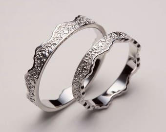 Hers and Hers Wedding Bands, Lace Crown Ring Set, Lesbian Wedding Ring Set, White Gold Ring Set