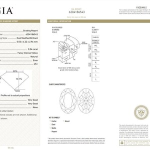May include: GIA Diamond Grading Report for a 0.54 carat Fancy Intense Yellow Oval Modified Brilliant diamond. The report includes details on the diamond's color, clarity, cut, and polish.