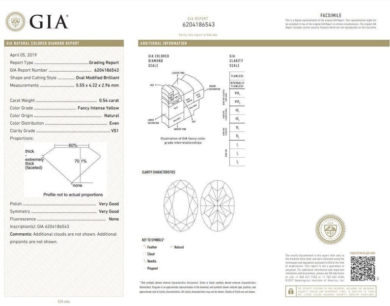May include: GIA Diamond Grading Report for a 0.54 carat Fancy Intense Yellow Oval Modified Brilliant diamond. The report includes details on the diamond's color, clarity, cut, and polish.