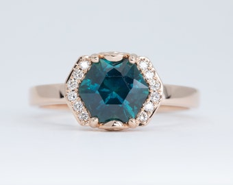 Teal Sapphire Engagement Ring, Hexagon Sapphire Engagement Ring, Sapphire and Diamond Engagement Ring, Teal Hexagon Sapphire Ring, Unique