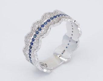 White Gold Lace Ring, Lace Pattern Ring, Blue Sapphires Eternity Band, Art Deco Sapphire Band, White Gold Sapphire Ring, Blue Sapphire Ring