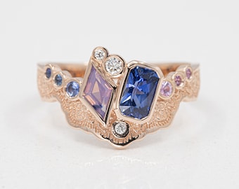 Toi et Moi Opalescent Sapphire Ring, 14K Rose Gold Lace Ring with Sapphires and Diamonds