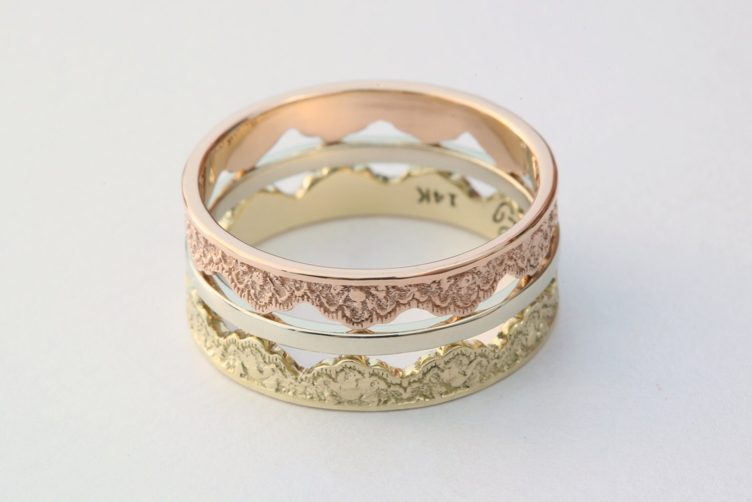 3 Gold Stacking Rings With Lace Pattern Gold Stackable Rings - Etsy