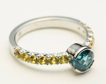 Blue Zircon Engagement Ring with Yellow Sapphires, Blue Zircon Ring, White Gold Zircon Ring, Simple Zircon RIng