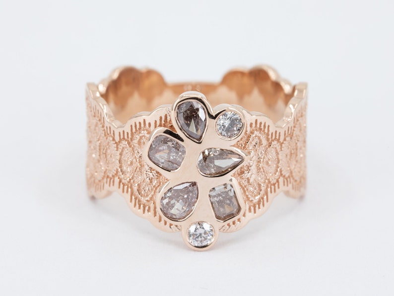 Diamond Cluster Ring, Rose Gold Statement Ring, Lace Statement Ring, Champagne Diamond Ring, Diamond Statement, Mother's Day Gift,Gift Ideas image 2