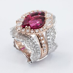 4.28ct Rubellite Tourmaline Ring, Diamond Halo Ring, Cocktail Ring, Rubellite Statement Ring, Unique Engagement Ring, Diamond Ring Guard image 5