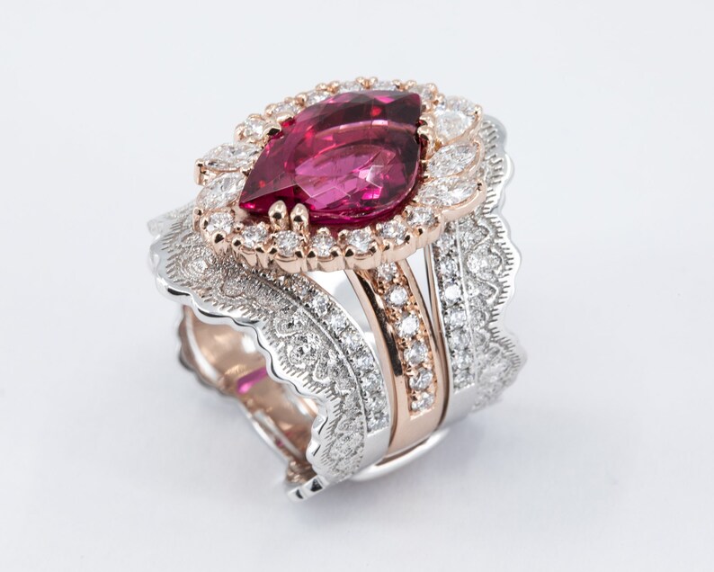 4.28ct Rubellite Tourmaline Ring, Diamond Halo Ring, Cocktail Ring, Rubellite Statement Ring, Unique Engagement Ring, Diamond Ring Guard image 5