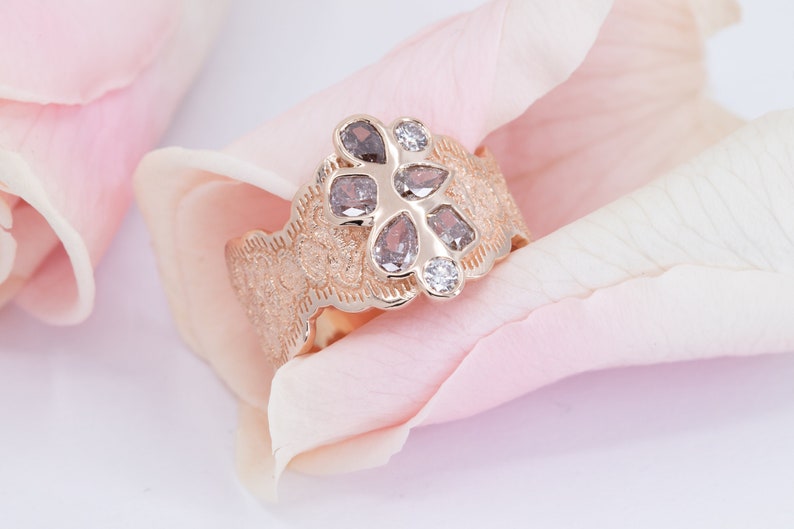 Diamond Cluster Ring, Rose Gold Statement Ring, Lace Statement Ring, Champagne Diamond Ring, Diamond Statement, Mother's Day Gift,Gift Ideas image 7