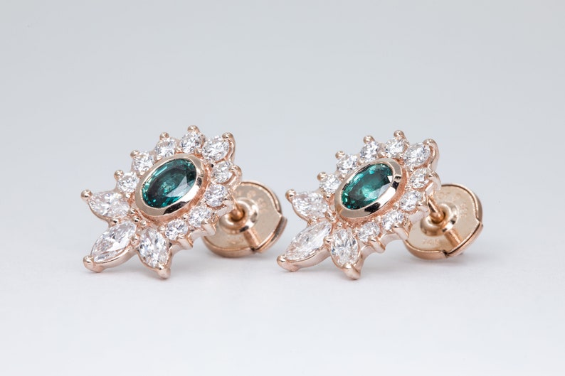 Alexandrite Diamond Earrings, Unique Birthstone Earrings, Diamond Earrings, Alexandrite Birthstone Earrings, Gold Earrings with Diamonds image 3
