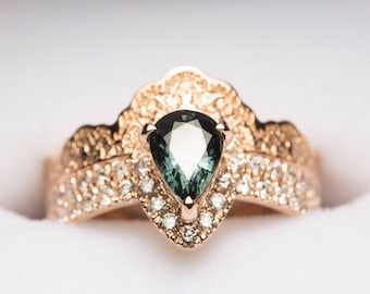 Green Sapphire Wedding Ring, Rose Gold Green Sapphire Ring, Green Sapphire Diamond Ring, Lace Green Sapphire Ring