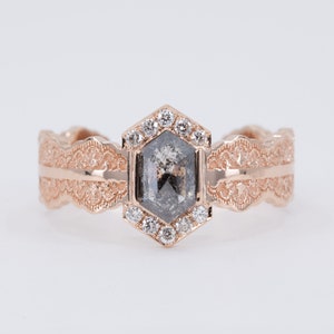 Rose Cut Salt Pepper Diamond Engagement Ring, Hexagon Diamond Ring, Rose Cut Diamond Ring, Geometric Diamond, Alternative Engagement Ring