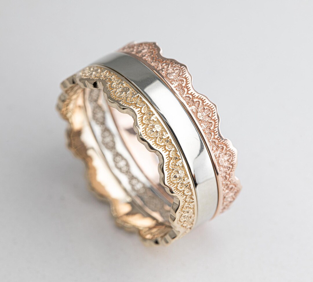 Mixed Metal Gold Stacking Rings With Lace Pattern, Gold Stackable Rings ...
