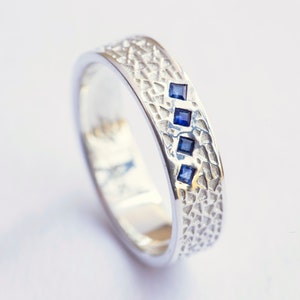 Square Sapphire Ring, Unique Mens Wedding Band, Blue Sapphire White Gold Ring, White Gold Mens Wedding Band, Blue Sapphire Jewelry