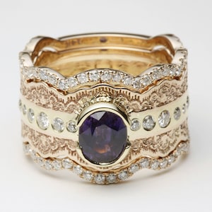 Diamond Bridal Set, Blue Sapphire Bridal Set, Rose Gold Wedding Ring Set, Stackable Bridal Set