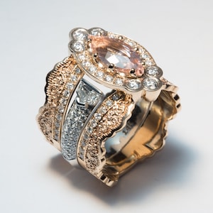 Marquise Morganite Engagement Ring, Morganite Ring Set, Morganite Diamond Ring, Lace Engagement Ring, Lace Morganite Ring, Lace Gold Ring