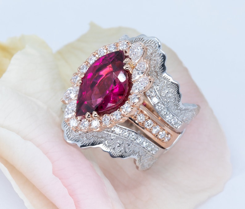 4.28ct Rubellite Tourmaline Ring, Diamond Halo Ring, Cocktail Ring, Rubellite Statement Ring, Unique Engagement Ring, Diamond Ring Guard image 4