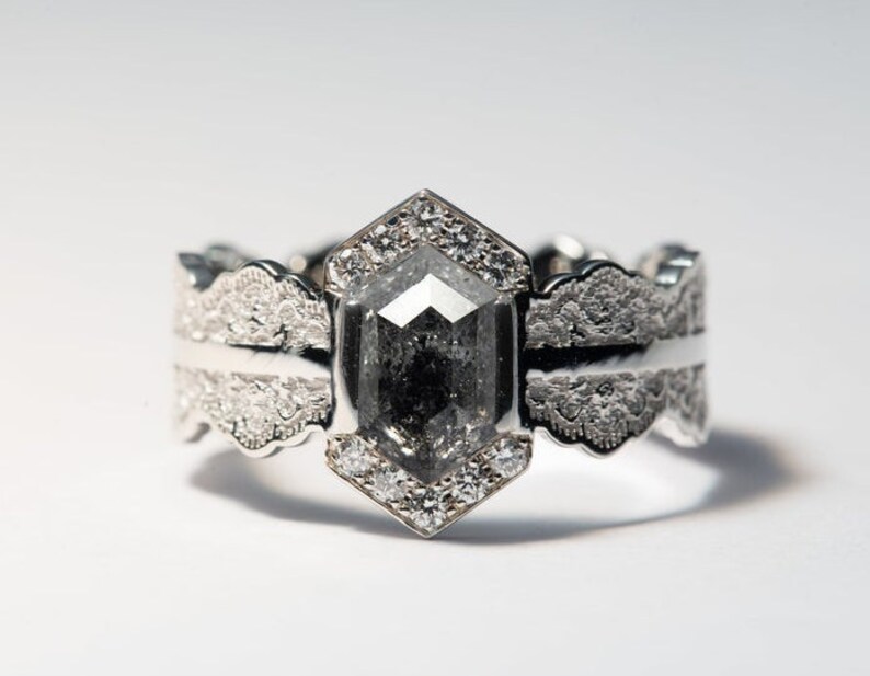 Rose Cut Salt Pepper Diamond Engagement Ring Hexagon Diamond Etsy