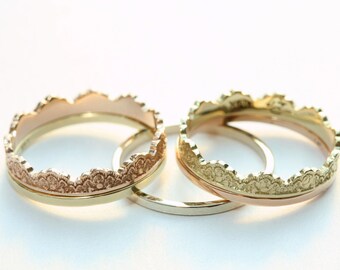 Art Deco 14K Gold Stacking Ring Set: Lace Pattern Rings