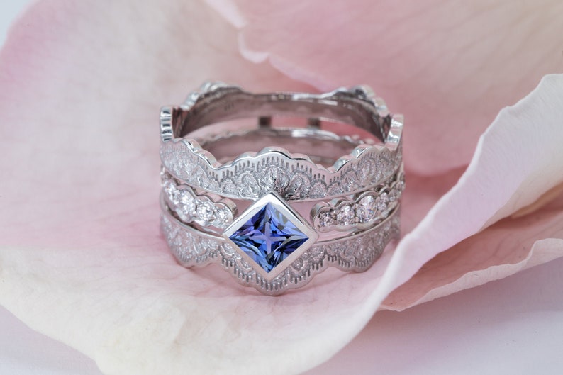 Princess Sapphire Engagement Ring, Gold Bridal Ring Set, Unique Bridal Set, Double Band Engagement Ring,Sapphire and Diamond Engagement Ring image 1