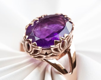 Rose Gold Lotus Ring with Amethyst, Gold Amethyst Ring, Lotus Flower Ring, Gold Lotus Flower, Lotus Flower Jewelry, Gold Yoga Ring,Zen Ring