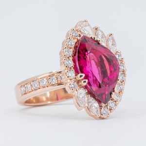 4.28ct Rubellite Tourmaline Ring, Diamond Halo Ring, Cocktail Ring, Rubellite Statement Ring, Unique Engagement Ring, Diamond Ring Guard image 9