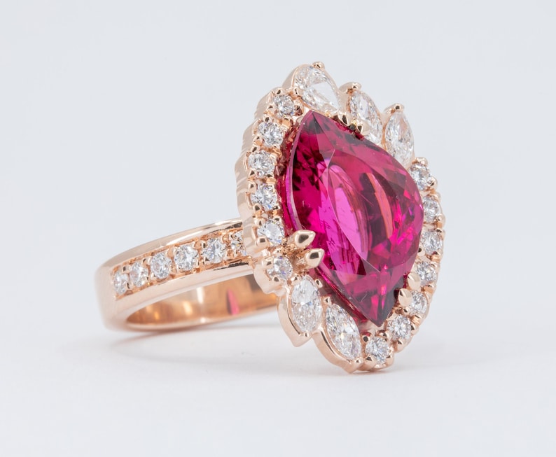 4.28ct Rubellite Tourmaline Ring, Diamond Halo Ring, Cocktail Ring, Rubellite Statement Ring, Unique Engagement Ring, Diamond Ring Guard image 9