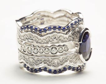 Art Deco Wedding Ring Set, Blue Sapphire Bridal Set, Tandem Bridal Set, Lace Bridal Set, Oval Sapphire Ring Set