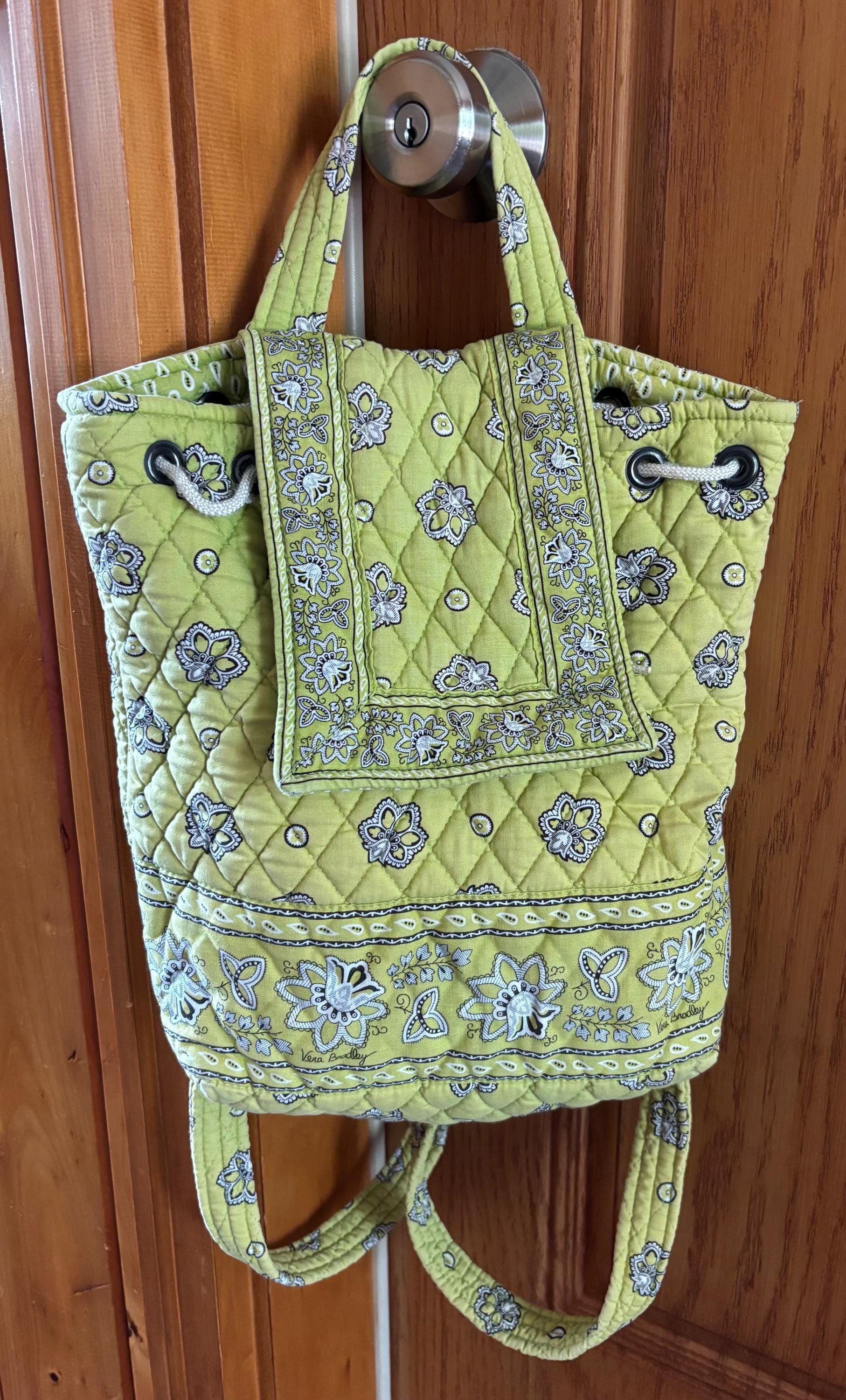Vintage Vera Bradley Lime Yellow Duffel Backpack w/Drawstring and Snap Flap Closure.