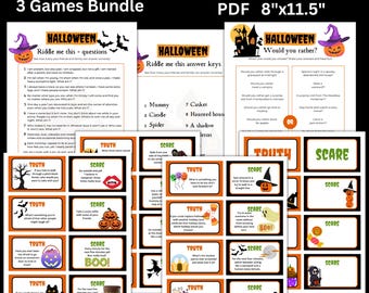 Paquete de 3 juegos de Halloween, Verdad o miedo, Adivina esto, ¿Qué preferirías?, Juegos de fiesta de Halloween para niños, Alternativas a truco o trato
