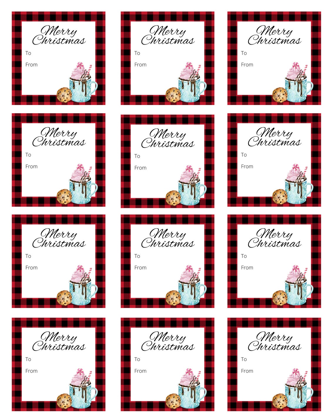 Printable Christmas Gift Tags, 12 Printable Cocoa &amp; Cookies Christmas ...