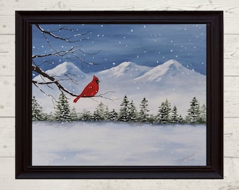 Printable Winter Painting, Winter Red Cardinal, PRINTABLE ART, Digital print of a handpainted original, Winter wall art, Winter decor,