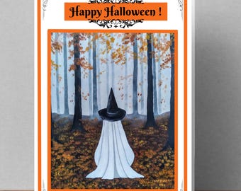 Tarjeta imprimible de Feliz Halloween, Fantasma caprichoso con sombrero de bruja, tarjeta de Halloween,