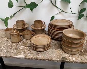 Vintage Dansk Nielstone Collection including Coffee Pot, Cups, Plates & Bowls, Spice Tan, 1990s, Niels Refsgaard, Jens Quistgaard