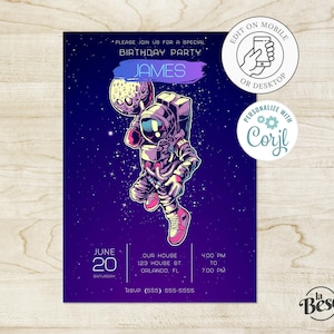 Space Birthday Invitation, Astronaut Birthday Party, Outer Space Theme Birthday, Boy Birthday Invite, Instant Download, Corjl KB15