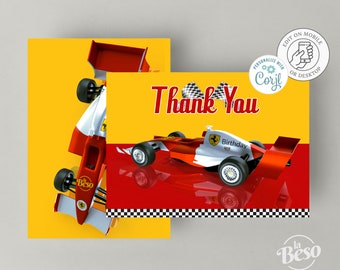 Carte de remerciement d'anniversaire de voiture de course, téléchargement numérique d'anniversaire de thème de voiture, décorations d'anniversaire de voiture de course, anniversaire imprimable d'enfants, Corjl KB17