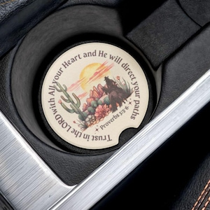 Car Coaster Personalized Scripture Set, Christian Sandstone Car Coaster, Bible Cup Holders, Proverbs 3:5-6, Cowgirl Desert Scene Car Coaster