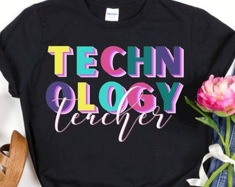 May include: Black t-shirt with the text "TECHNOLOGY teacher" in colourful, outlined letters. The letters are in a retro, blocky style.