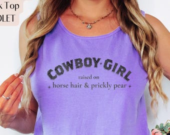 Tanktop paard meisje, schuurshirt, comfortkleuren cowboymeisje, getogen op paardenhaar en cactusvijg, cadeau westernpaardliefhebber, tanktank ranchmeisje