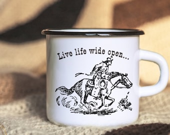 Texas Western Camping Mug, Cowboy Coffee Cup, Cowboy Gift,Western coffee mug, Enamel Camp Mug,Mountain Camping Mug,Rustic Gift,Woodrow & Gus
