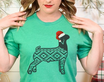 Aztec Christmas Stockshow Goat T-Shirt, Holiday Santa Show Goat Tee, Livestock Life Boer Goat, Aztec Print Show Goat, Livestock Goat Gift