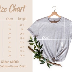 May include: Size chart for a Gildan 64000 Adult Softstyle Unisex T-Shirt. The chart shows the chest and length measurements in inches for sizes XS to 4XL.