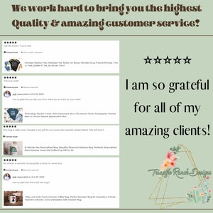 May include: A collage of customer reviews for a shop called Triangle Ranch Designs. The reviews are positive and feature images of various products, including t-shirts, mugs, and a skeleton design. The text in the image reads "We work hard to bring you the highest Quality & amazing customer service!" and "I am so grateful for all of my amazing clients!"