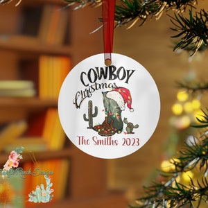 Personalized Cowboy Christmas Ornament, Metal Ranch Ornament, Cowboy Holiday Farmhouse Gift, Western Ornament Decor, Country Christmas
